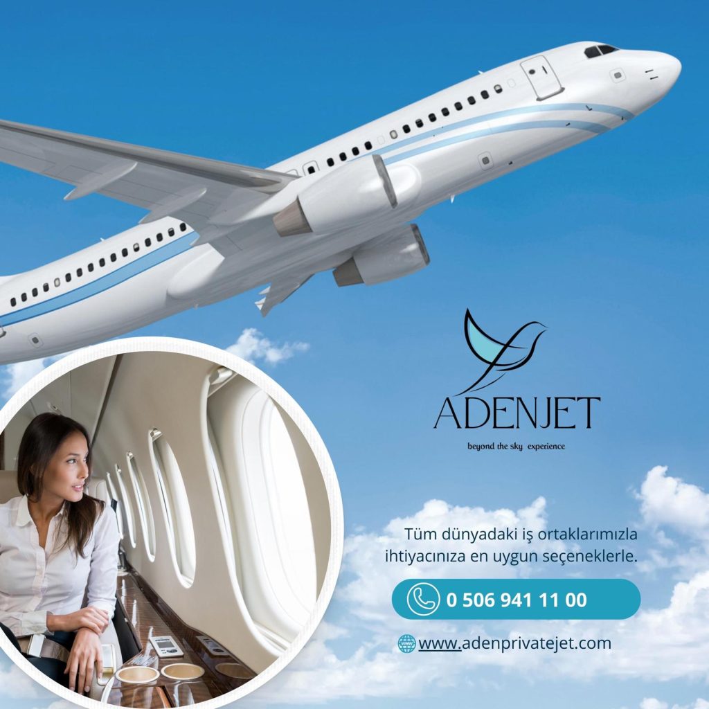 Gökyüzünde süzülen modern bir Aden Jet uçağı, bulutların üzerinde ilerliyor.