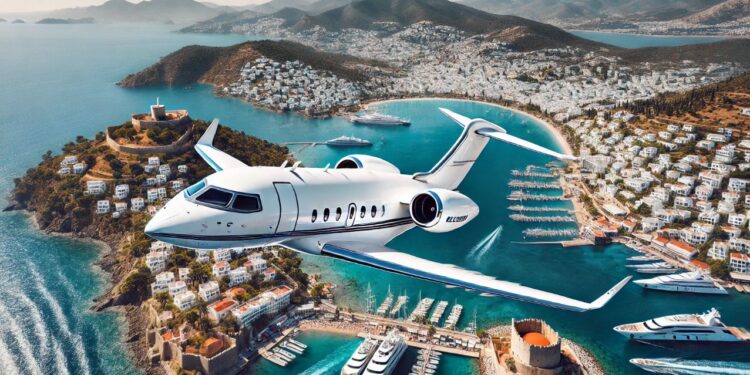 Ege kıyılarına iniş yapan özel jet ve arka planda turkuaz deniz ile yatlar.