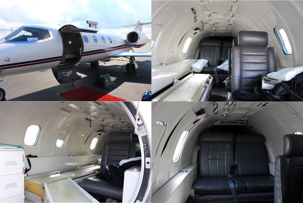 Havalimanında acil sağlık transferine hazırlanan özel jet uçağı ve sedyeyle taşınan bir hasta.