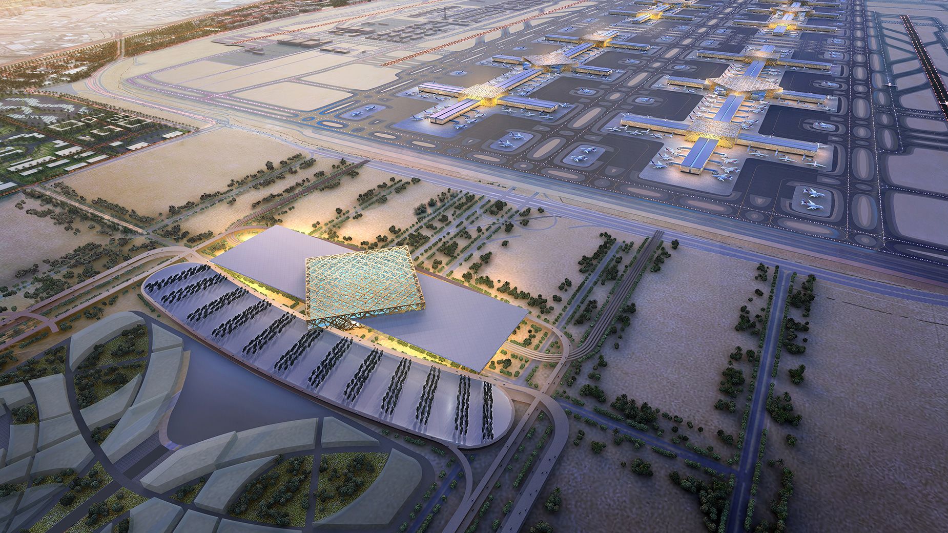 Dubai Al Maktoum Havaalanı’nda (DWC) modern terminal binası ve apron bölgesinde park etmiş uçaklar